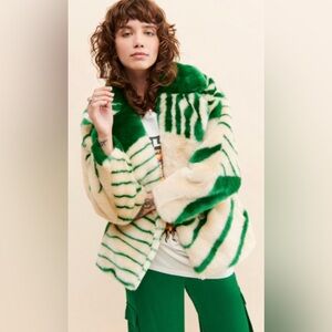 Free People X JAKKE Rita Faux Fur Jacket Green Ivory SIZE 4